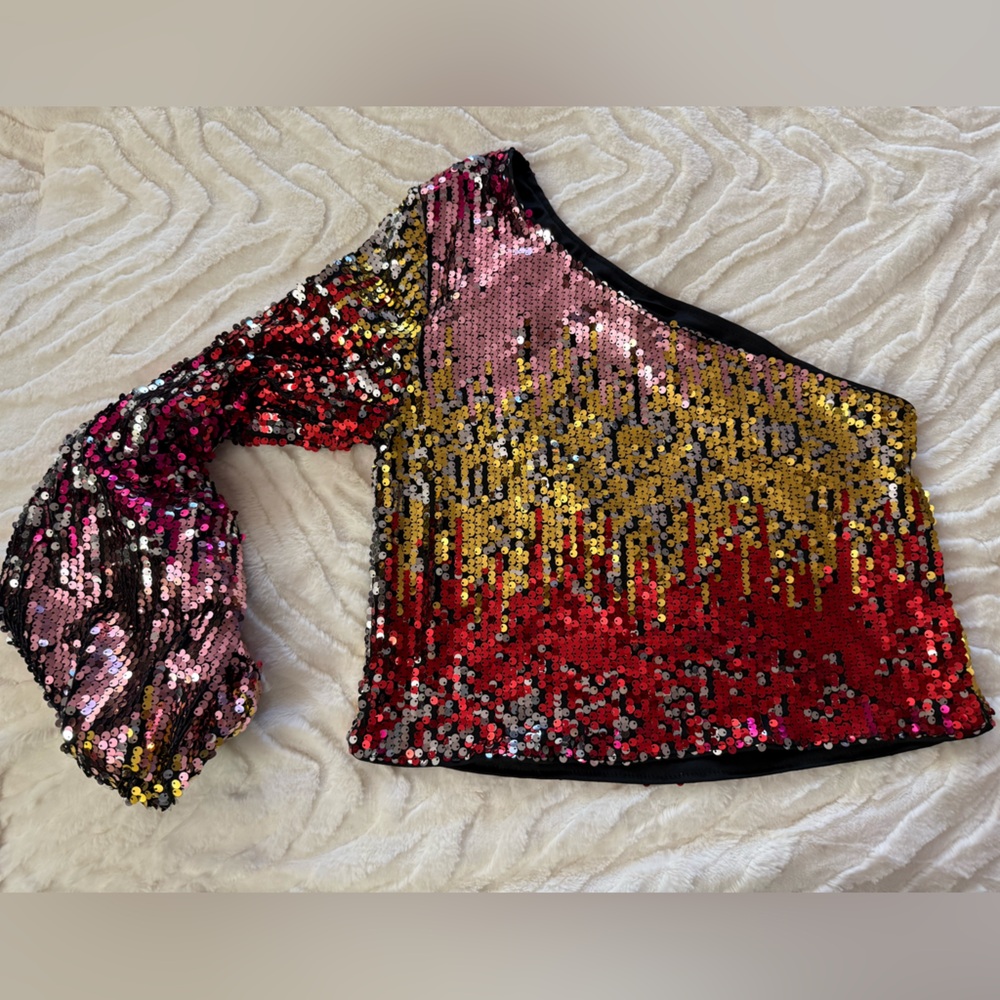 T168- SHEIN One-Shoulder Sequin Crop Top in Red, Gold, and Pink